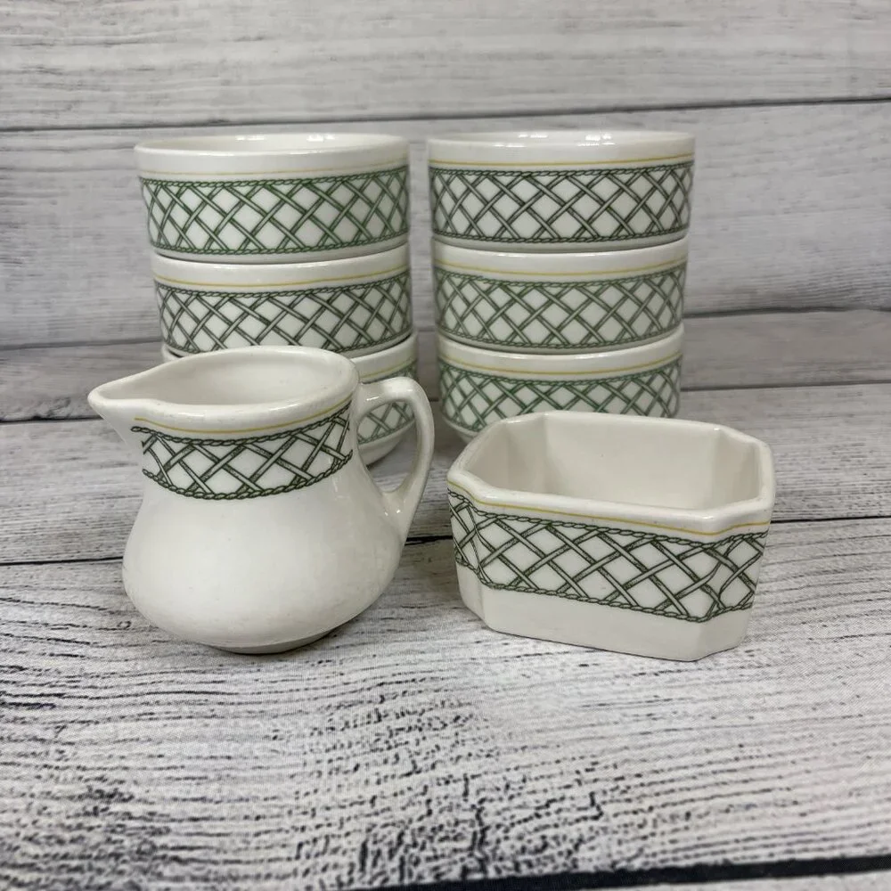 Buffalo China USA Green Yello Lattice Milk Pitcher With Butter Dish 6 Bo…